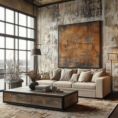 Minimalist, loft interior design of modern living room with earthy tones, featuring a terra cotta sectional sofa, black coffee table, and a textured wall art piece.