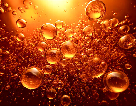 fizzy orange bubbles background, bright light, round spheres floating