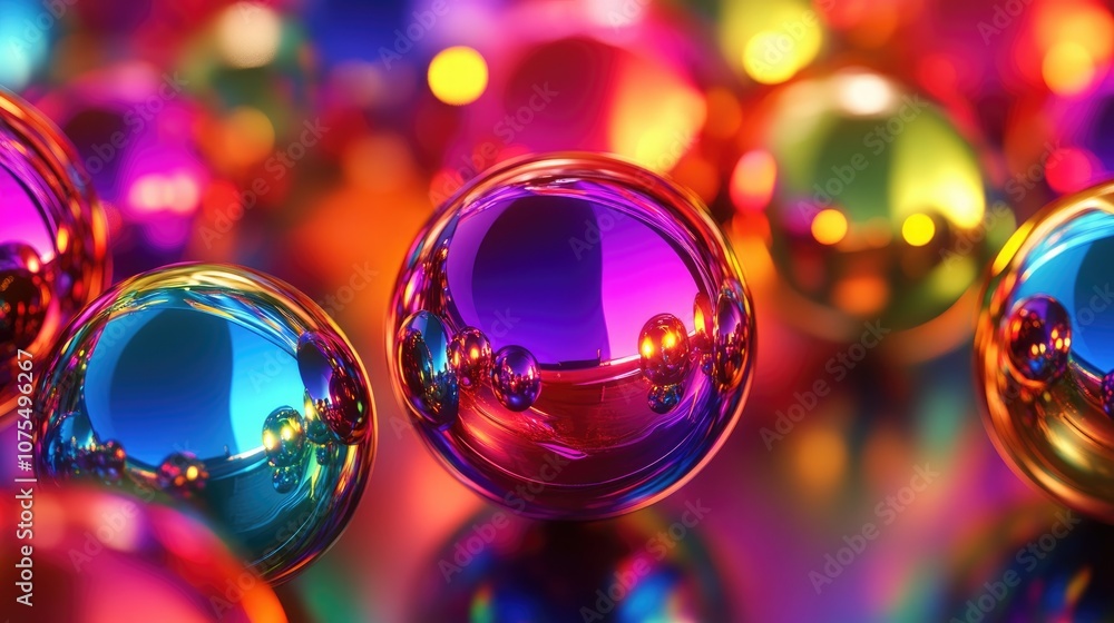 Poster abstract background featuring shiny colored balls with 3d metallic gold glossy spheres creating an a