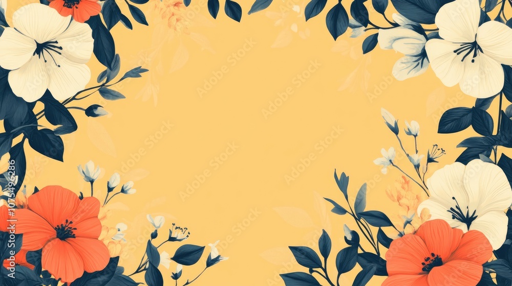 Poster floral border design on a yellow background featuring empty space for text