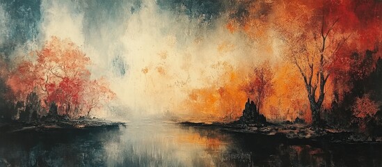 Naklejka premium A watercolor painting of a misty lake surrounded by colorful trees in the autumn season.