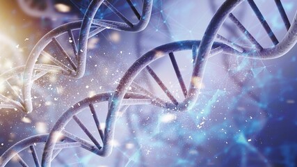 Spiral DNA double helix structure on blue background.