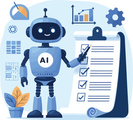 A robot with AI symbol holding data charts and documents points to a checklist on a scroll. Ideal for technology, artificial intelligence, data analysis, automation, and innovation. Simple vector art 