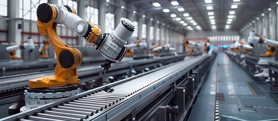 Robots create products from materials using industrial robot arms to complete product manufacturing process in style of machine