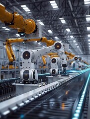 Robots create products from materials using industrial robot arms to complete product manufacturing process in style of machine