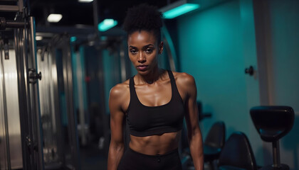 Fototapeta premium Focused african fitness model in gym studio - sport background