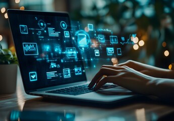 A person using a laptop with digital marketing icons floating above, in a blue color theme. This is a stock photo, high-resolution photography, and highly detailed.