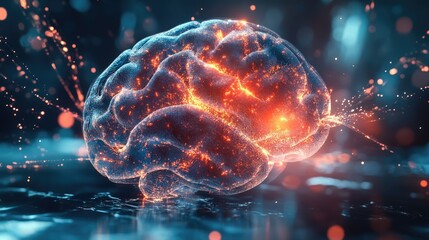 Obraz premium Futuristic AI Quantum Fusion 3D Brain Integrated with Dynamic 2D and 3D Elements in an Abstract Environment