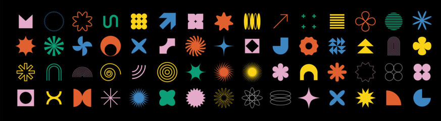 A collection of brutalist inspired figures designed with geometric shapes and simple symbols like stars and spirals for decorative use.