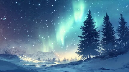 Naklejka premium Aurora borealis illuminating a snowy landscape