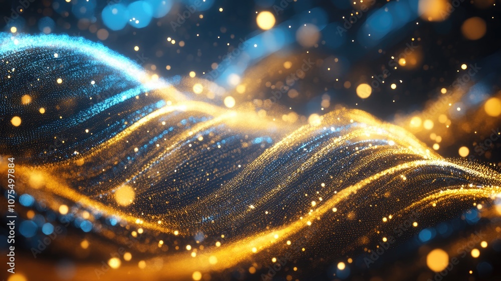 Poster abstract futuristic background featuring gold and blue glowing neon wave lines in motion complemente