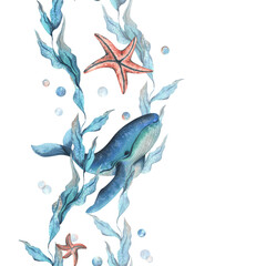 Whale, sea blue algae with leaves wriggling in wave with bubbles and coral starfish. Hand drawn watercolor illustration of underwater world. Seamless vertical border pattern for long projects design