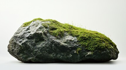A substantial moss covered rock rests against a white backdrop