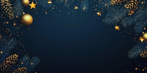Christmas and New Year banner with blue baubles, golden stars, and frosted pine branches on a dark background. Holiday web design, social media, seasonal invitations, copy space, greeting cards