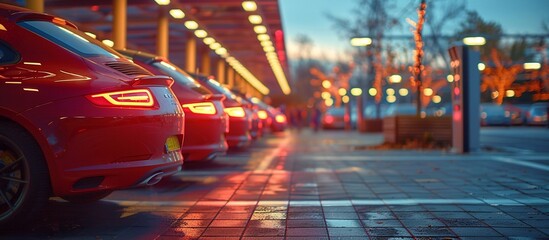 Car parked at outdoor parking lot. Used car for sale and rental service. Automobile parking area. Car dealership and dealer agent concept.