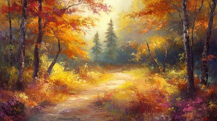 Obraz premium Autumn scenery featuring a forest path adorned with vibrant foliage showcasing the beauty of nature in a colorful landscape