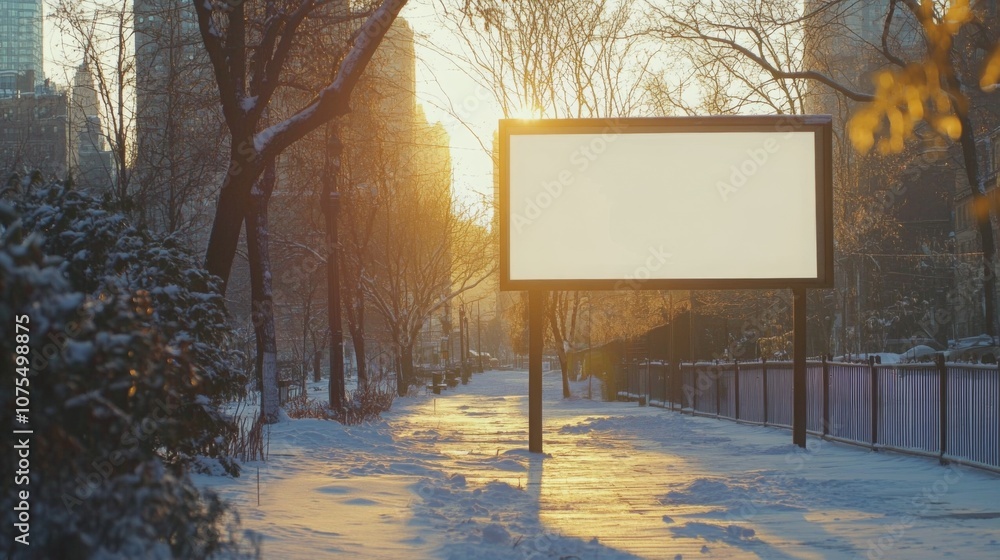 Aufkleber a blank billboard stands in a snowy park, with the sun setting behind tall buildings in the distance