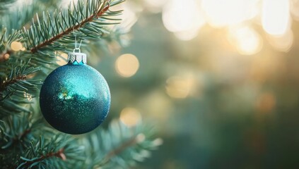 Fototapeta premium Close up view of Christmas tree ornament blank space