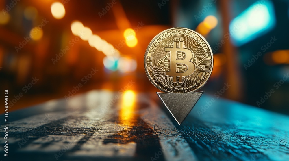 Poster a gold bitcoin coin sits on a downward facing arrow, suggesting a decline in value. the background i