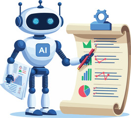 A robot with AI symbol holding data charts and documents points to a checklist on a scroll. Ideal for technology, artificial intelligence, data analysis, automation, and innovation. Simple vector art 