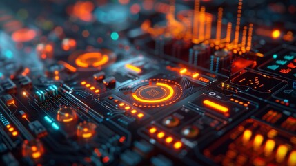 Fototapeta premium Detailed electricity grid diagrams Electricity transmission towers with neon lights glowing wires. Energy infrastructure concept energy facility industry and business banner background