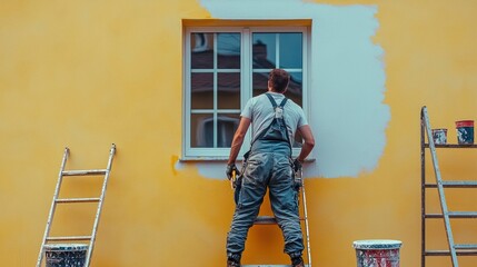 A male painter in overalls diligently painting the exterior wall of a house on a sunny day with a focus on a window and surrounding ladders