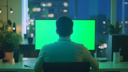 Night Shift Focus: Man working late at computer with green screen