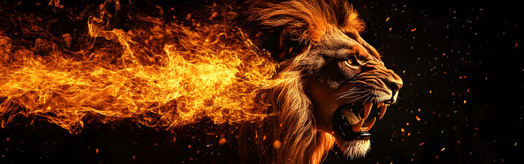 Obraz premium Majestic Lion Side Profile with Fiery Mane on Dark Background