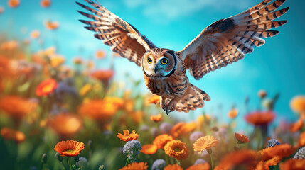 Beautiful flying owl on spring field full of bright wild flowers. Forest bird portrait. Splash screen or sketchbook cover template. Outdoor background.