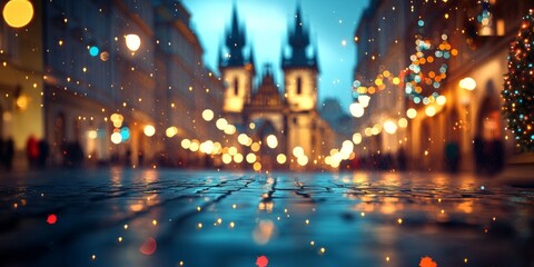 Obraz premium A stunning evening scene with soft bokeh lights. The blurred background features a beautiful landmark, creating a dreamy atmosphere. Ideal for travel or ambiance imagery. AI