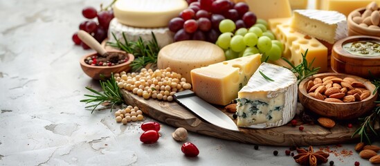 Assortment of cheeses displayed on cheese platter with grapes, nuts, knife, and spices on white tiled background with copy space image