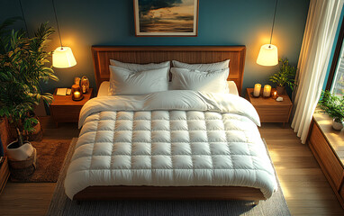 Warm and Inviting Bedroom Scene with Oversized Bed and Ambient Lighting