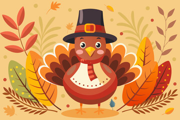 Thanksgiving Turkey Cartoon Vector with Autumn Leaves | Recraft AI Friendly Image