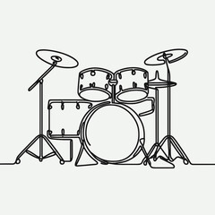 A simple continuous line drawing of a drum set. The artwork is minimalistic, capturing the essence of the object with a single unbroken line
