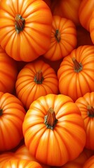 A vibrant collection of ripe, orange pumpkins stacked together, showcasing their smooth texture and distinctive shape, Ideal for seasonal decorations, cooking, or agricultural themes,