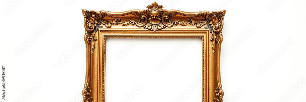 Wall mural Elegant antique gold picture frame with ornate carvings on a plain white surface, picture, elegant, ornate