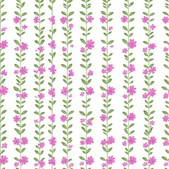 A vibrant floral pattern featuring pink flowers and green leaves on a white background, ideal for use in textiles, stationery, wallpapers, or any design project needing a fresh, natural touch,