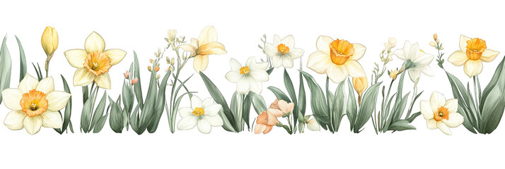 colorful daffodils blooming along a lush green seamless border transparent background