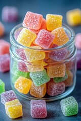 Colorful fruit-flavored gummy candies in a clear glass jar on a dark surface