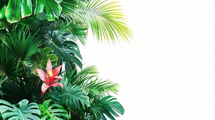 Lush Tropical Greenery with Vibrant Flowering Plant Isolated on White Background, Showcasing Beautiful Leaves and Exotic Flora in a Captivating Composition