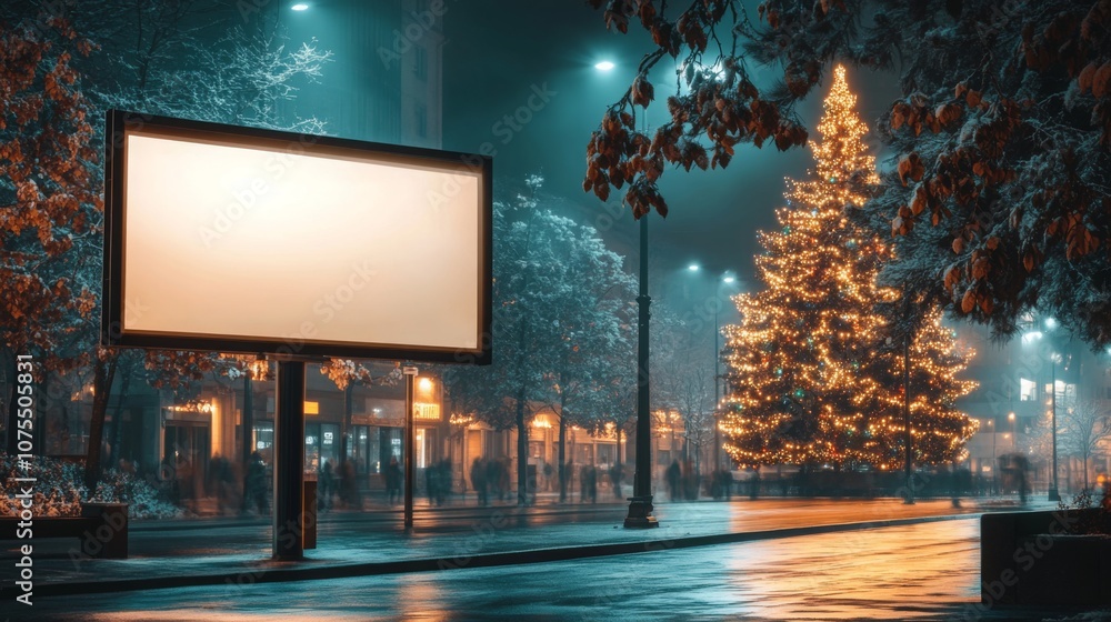 Poster a decorated christmas tree stands tall amidst a snow-covered urban park. the scene features a blank 