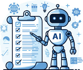 A robot with AI symbol holding data charts and documents points to a checklist on a scroll. Ideal for technology, artificial intelligence, data analysis, automation, and innovation. Simple vector art 