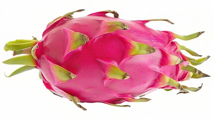 Fototapeta premium Vibrant Dragon Fruit Isolated on White Background, Showcasing its Unique Pink Skin and Green Scales for Fresh Produce and Healthy Lifestyle Concepts