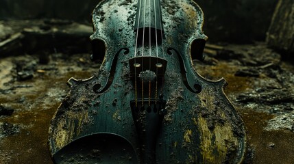 A muddy violin lies forgotten on the ground.