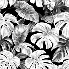 A seamless pattern of black and white tropical leaves creates a striking and elegant visual, Perfect for interior design, fashion, or branding projects, it adds a touch of nature and sophistication,