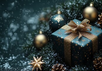 Gift Box with Gold Ribbon and Ornaments.