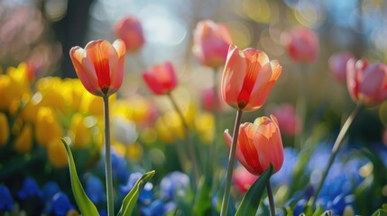 Fototapeta premium Tulip buds. Floral background. A beautiful flower on a blurred background. Spring or summer season. A place for the text.