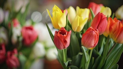 Fototapeta premium Tulip buds. Floral background. A beautiful flower on a blurred background. Spring or summer season. A place for the text.