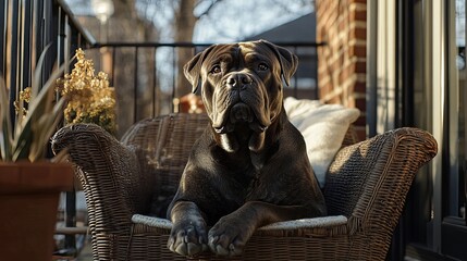 A large brindle dog sits in a wicker chair on a patio,  looking out at the camera.