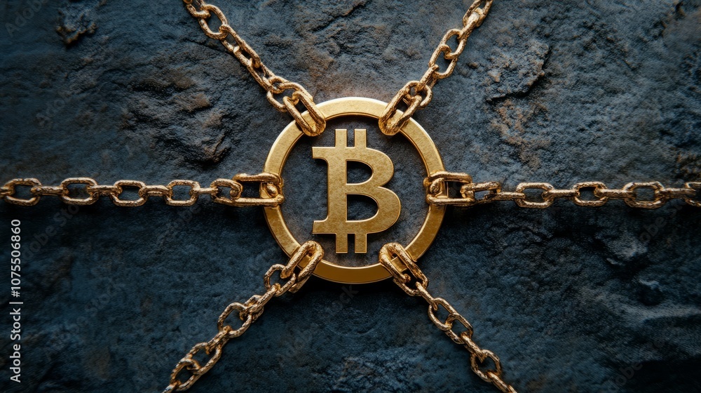 Poster a golden bitcoin symbol is held captive by chains on a dark, rough surface, representing the potenti